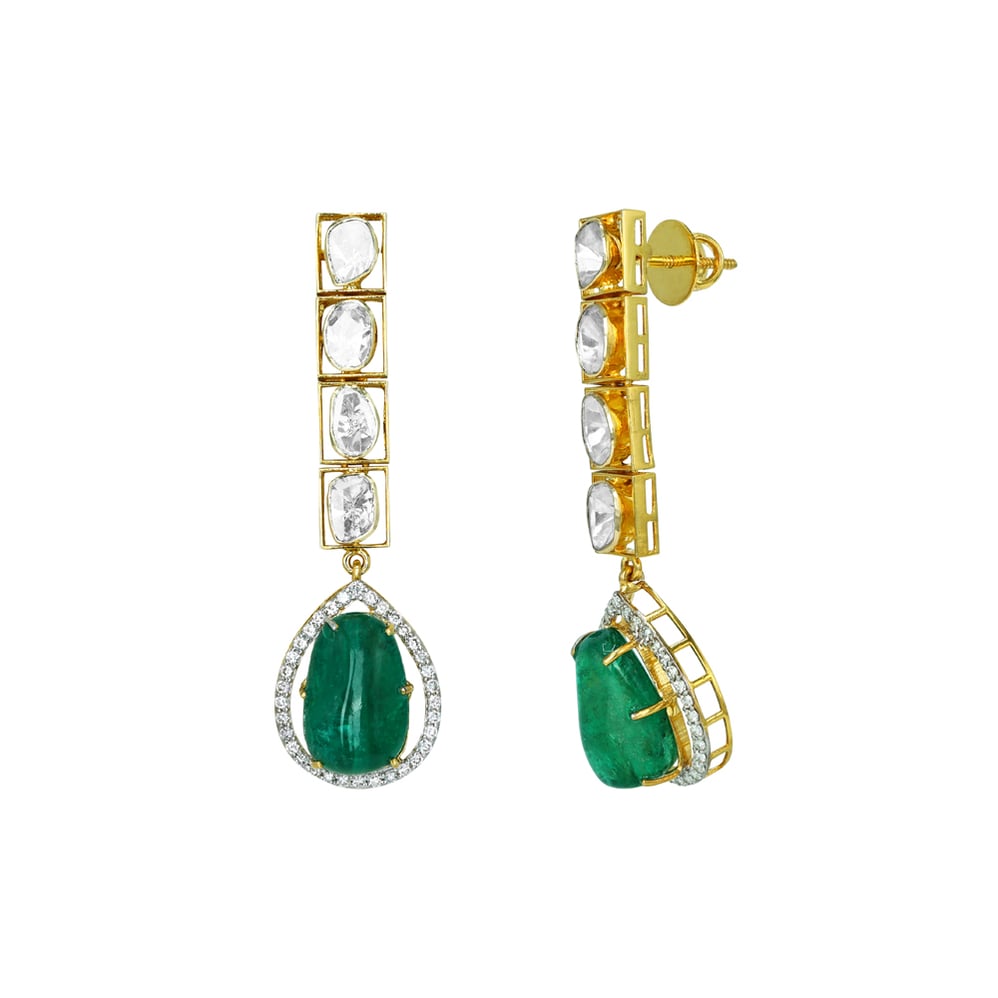Vertical Polki Earrings with Emerald Drop Highlight